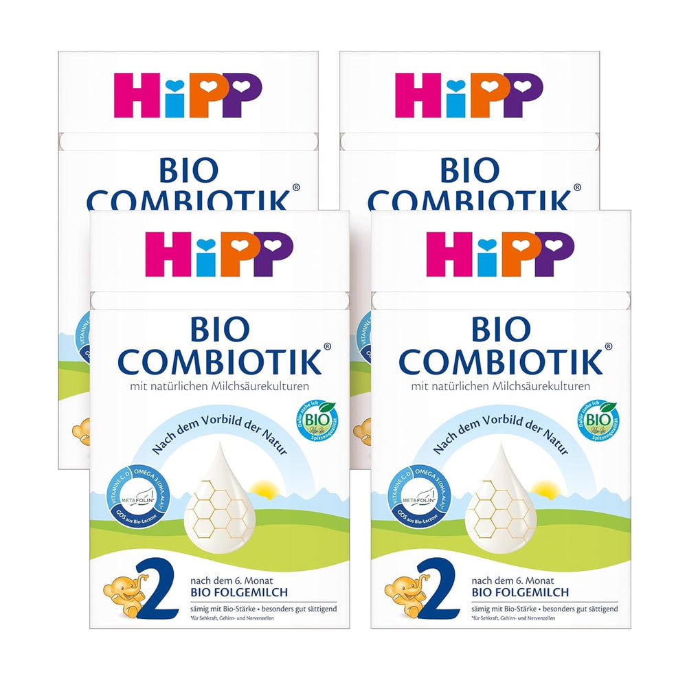 HiPP 2 Organic Combiotik (4 x 600g), lapte de continuare după 6 luni, cu amidon, culturi naturale de acid lactic, GOS, Omega-3 (DHA, ALA), de cea mai bună calitate organică