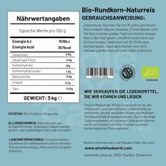 Orez brun cu bob scurt organic Wholefood Earth 3 kg, fără OMG, sursă vegană de fibre, provenit din agricultură organică controlată