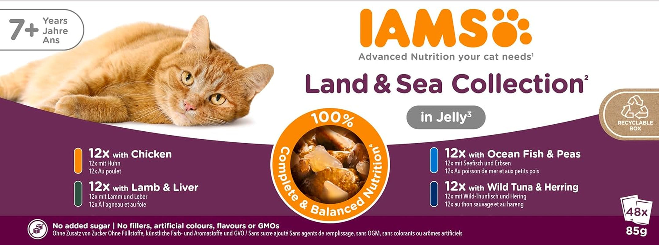 IAMS Delights Senior Cat Food Wet - Multipack cu pui și pește în sos, hrană umedă de înaltă calitate pentru pisici bătrâne de la 7 ani, 12 X 85 G