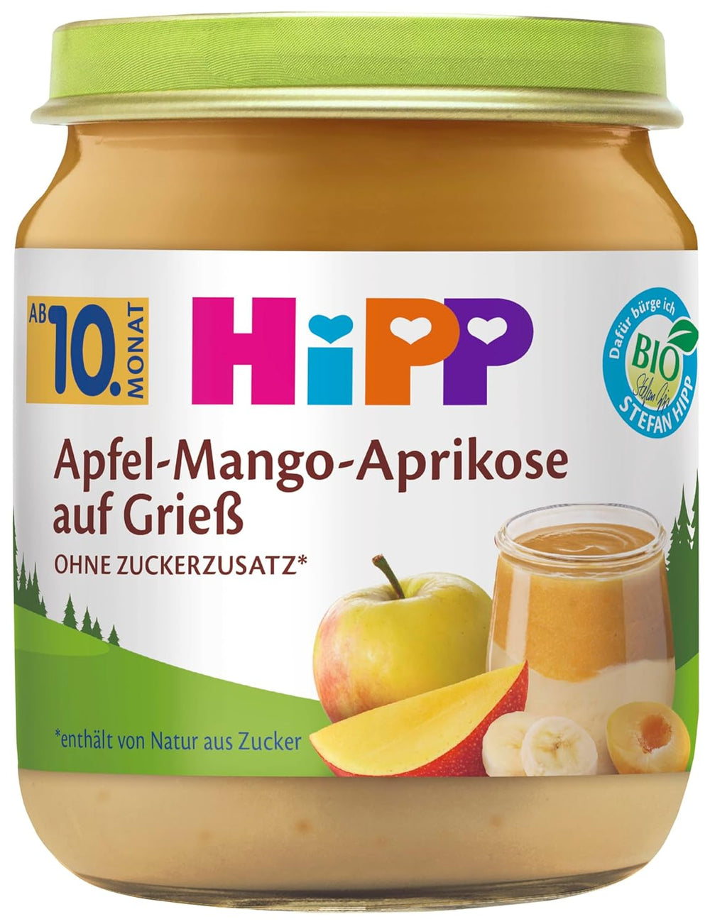 HiPP Organic Mere-Mango-Caise pe griș (6 x 200g), de la 10 luni, fără zahăr adăugat, de cea mai bună calitate organică