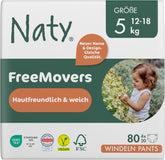 Scutece Naty FreeMovers pentru bebeluși | Huse de scutece certificate, prietenoase cu pielea | Moi și fără parfum | Absorbante și rezistente la scurgeri | Testate dermatologic | Mărimea 5 (12–18 kg) | 80 bucăți