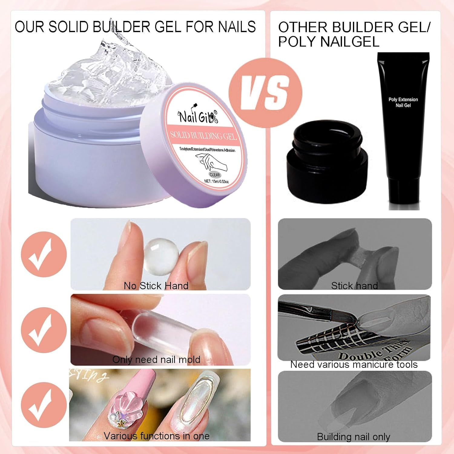 NAILGIL Gel solid pentru ojă, gel solid pentru adeziv pentru unghii, sculptură 3D pentru unghii cu set de instrumente, salon DIY acasă, transparent 15G