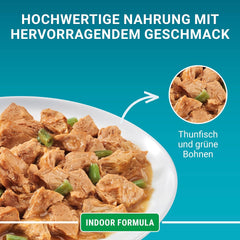 Hrană umedă pentru pisici PURINA ONE Indoor Formula, bucăți fragede în sos pentru pisici de casă, cu ton, pachet de 26 (26 x 85g)