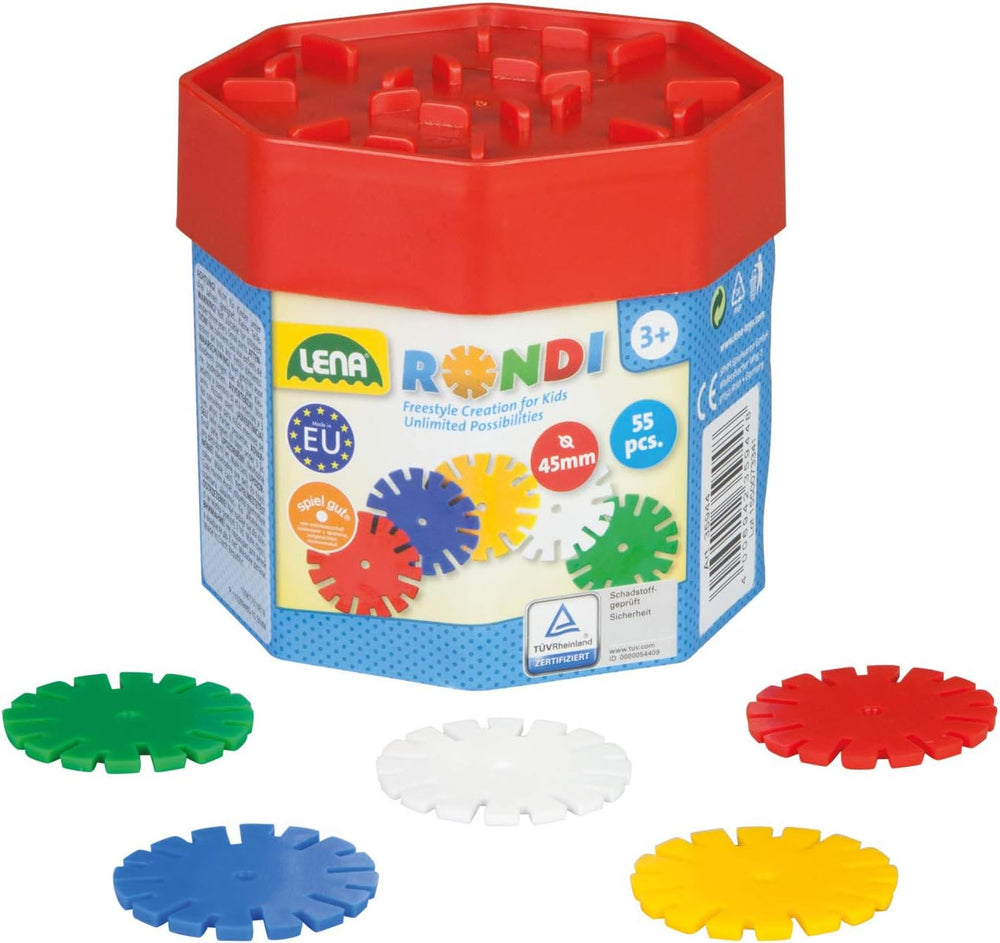 Lena 35946 Steckspiel Rondi 45 in Baudose, 55 Teile in bunten Farben, ca. 45 mm, 3 Jahre to 10 Jahr, Konstruktionsspielzeug mit Steckteilen, Mehrfarbig