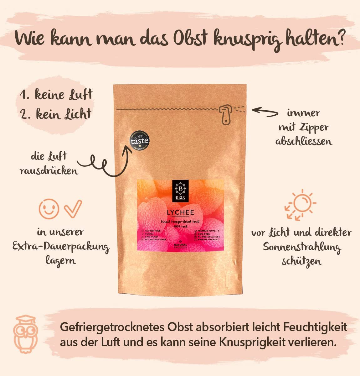 Lichi uscat BRIX | Lichi natural, uscat 95 g | Premiul Great Taste pentru fructe uscate | Fără OMG, fără gluten, vegan, vitamine conservate Produse deshidratate Naty Shop