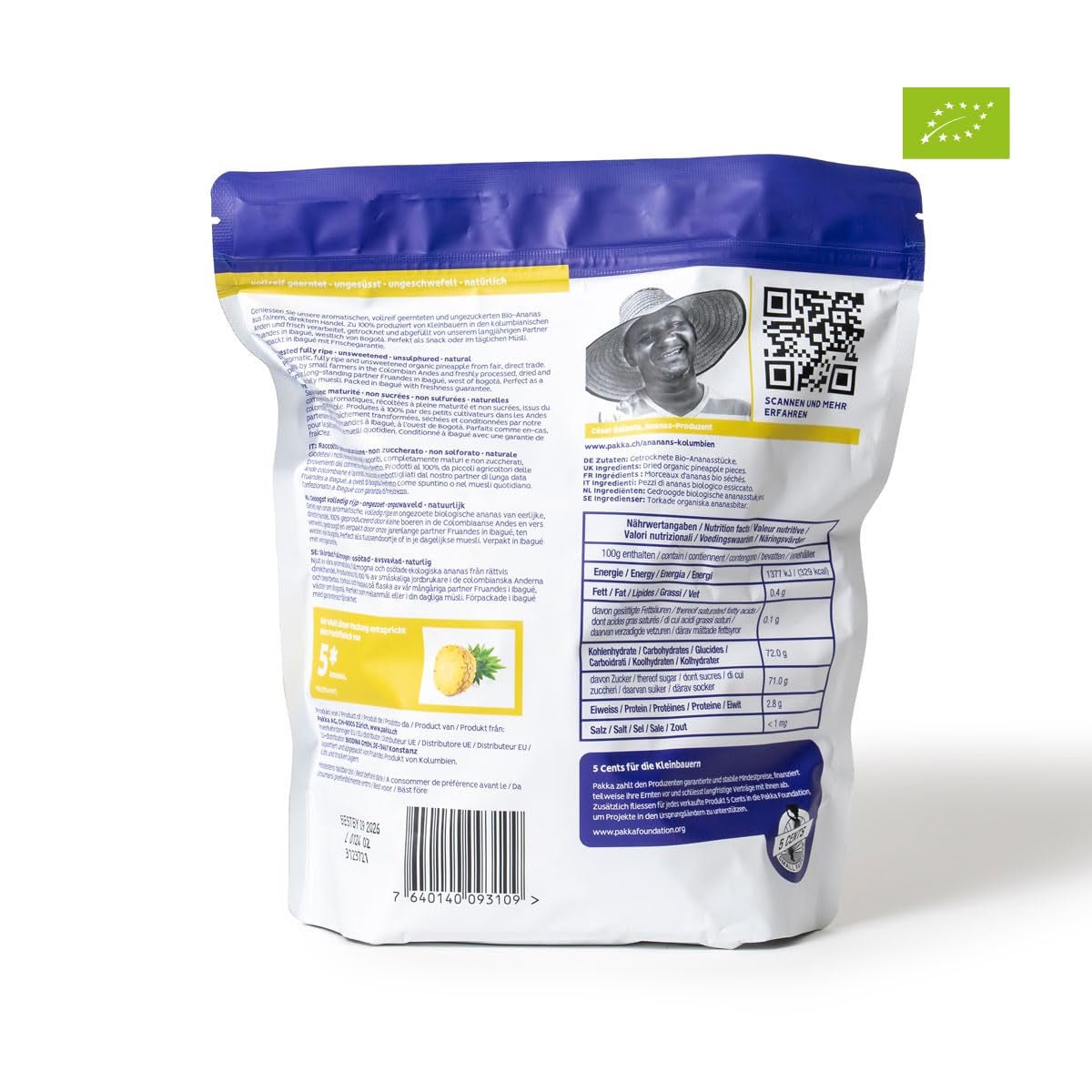 PAKKA bucăți de ananas ecologic și echitabil 1kg, ananas uscat ecologic și echitabil, neîndulcit, nesulfurat, produs și umplut direct de producătorul din Columbia, vegan 1000g Produse deshidratate Naty Shop