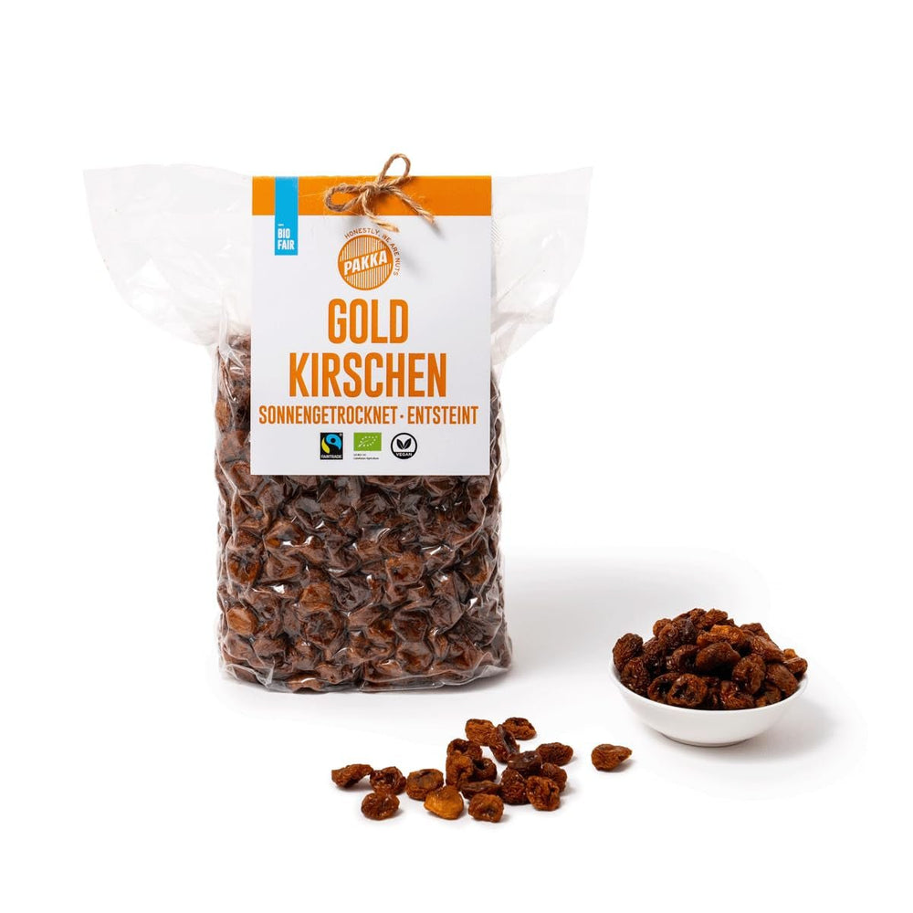 PAKKA - Cireșe de aur uscate la soare Organic Fairtrade 500g, cireșe galbene colectate sălbatice, neulei, neîndulcite, direct de la micii fermieri din Samarkand, Uzbekistan, vegan, 500g (1 pachet) Produse deshidratate Naty Shop Varianta 1: 500 G (1 pachet)