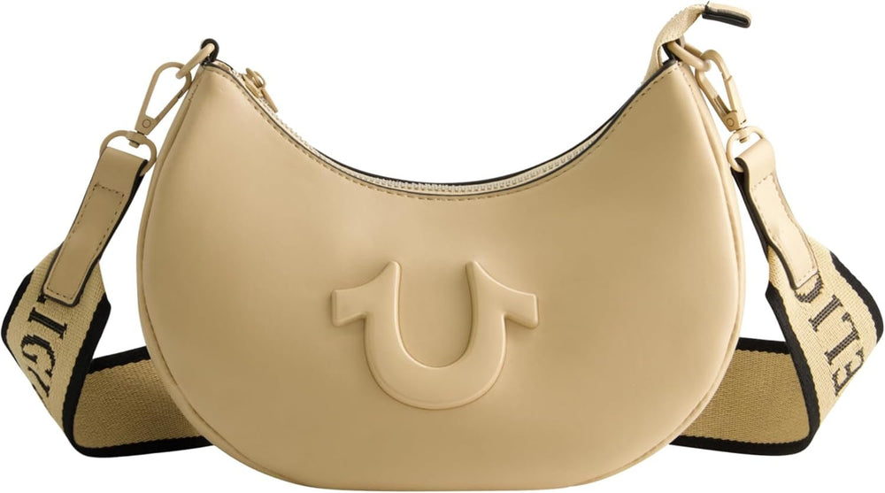True Religion Women's Shoulder Bag Purse, Crescent Hobo Handbag cu curea detașabilă reglabilă și logo-ul Horseshoe Genti Femei Naty Shop Cămilă