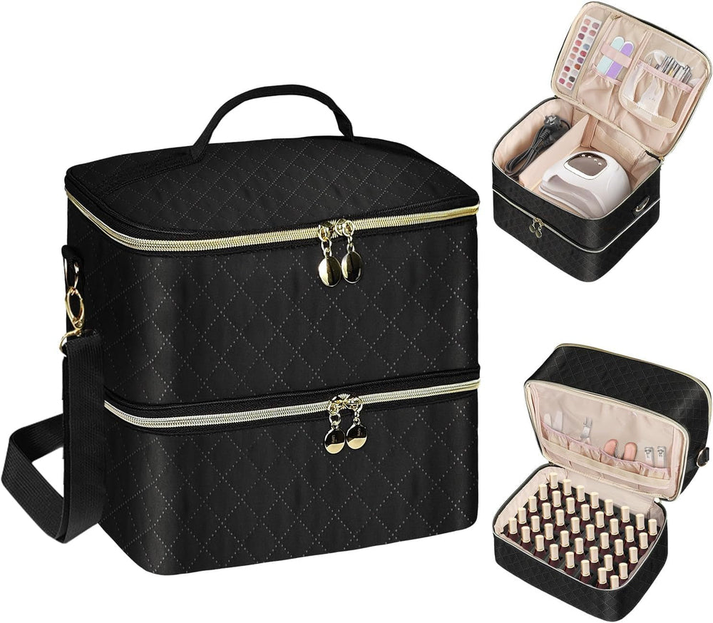 Nagellack Organizer Tasche, Doppelschicht Nagellack Aufbewahrung Box, Organizer Koffer Für Nageldesign Kosmetiktasche Für 30 Flaschen Neonail Base(15Ml-0.5 Fl.Oz) & 1 Nagellampe(Schwarz)