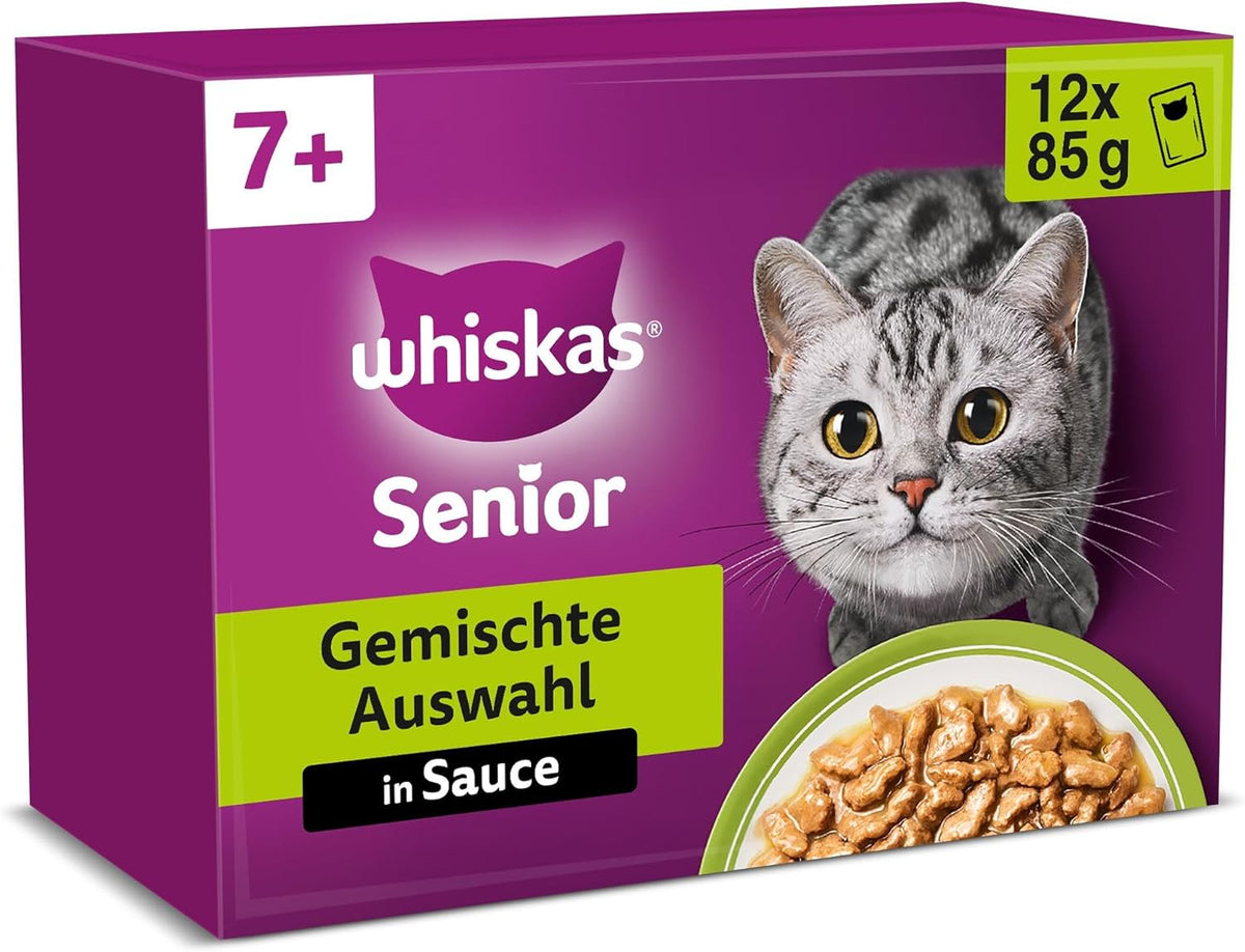 Hrană umedă Whiskas Senior 7+ Selecție mixtă în sos, 48 pliculețe, 12x85g (pachet de 4) – Hrană umedă de înaltă calitate pentru pisici de 7 ani și peste