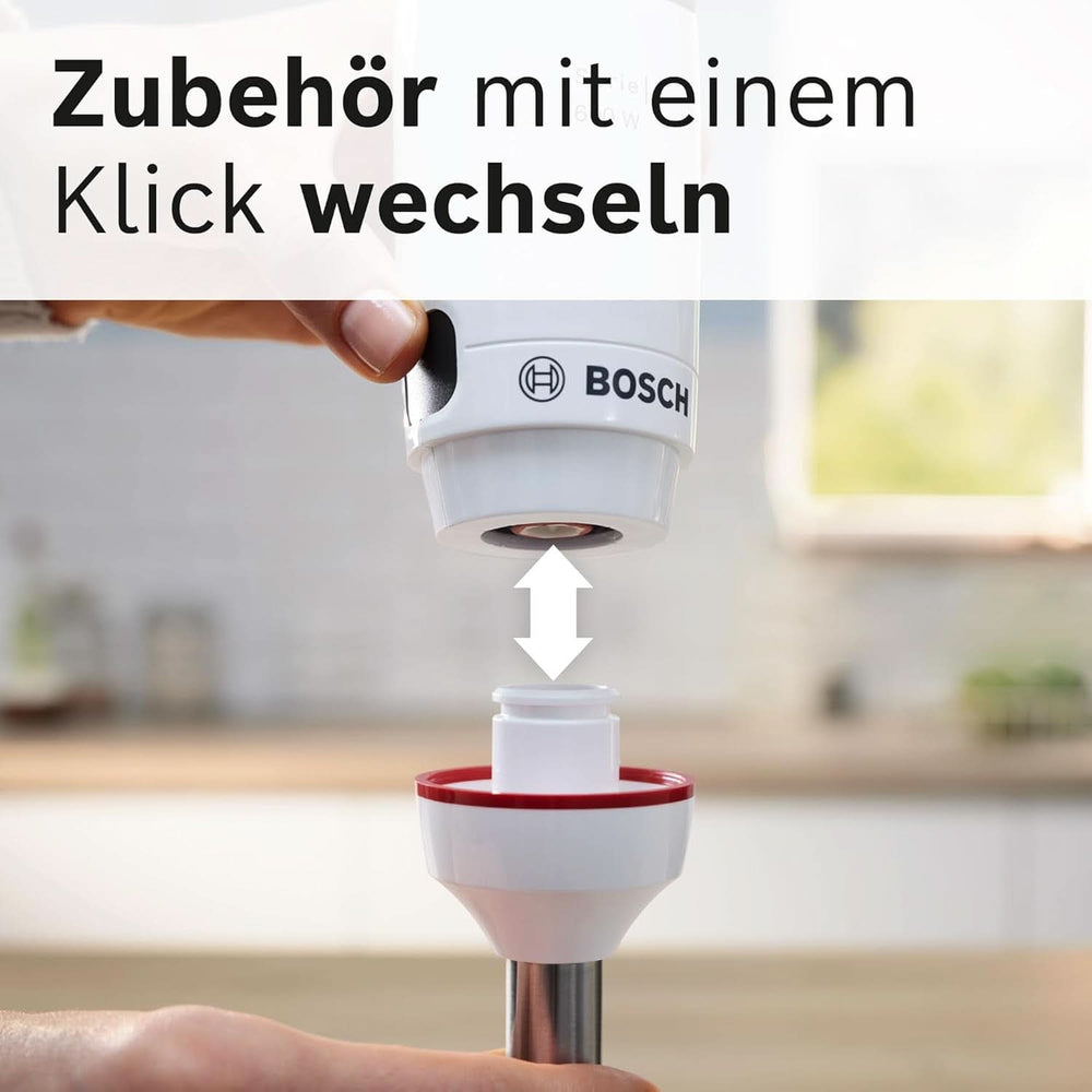 Bosch Stabmixer Ergomaster Serie 4 MSM4W210, Einhändig Bedienbar, Edelstahl-Klingen, Verschleißfreie Keramik-Kupplung, Mixbecher, Quattroblade, Antisplash Funktion, Einschaltsperre, 600 W, Weiß Mama si Copilul Naty Shop