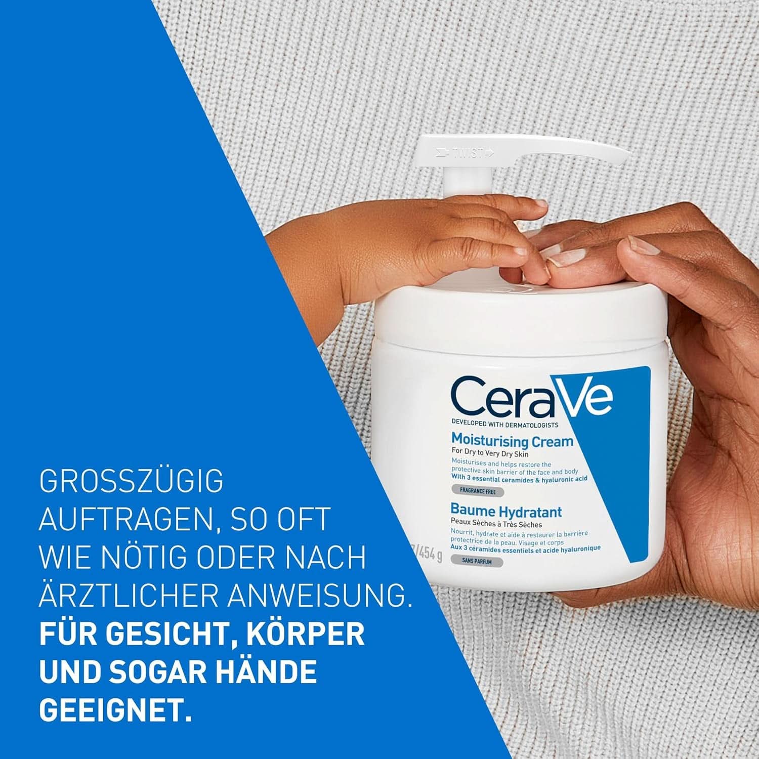 Cerave, Cremă hidratantă pentru corp și față pentru pielea uscată, cu hialuron și 3 ceramide esențiale, 454 g Cosmetice si Infrumusetare Naty Shop