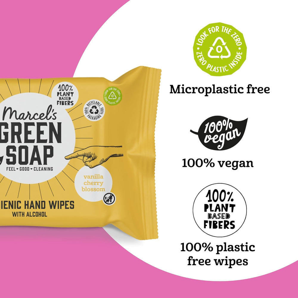 Șervețele umede igienice pentru mâini Marcel's Green Soap, pachet de 60 - Vanilie și floare de cireș - Pe bază de plante - Ecologice