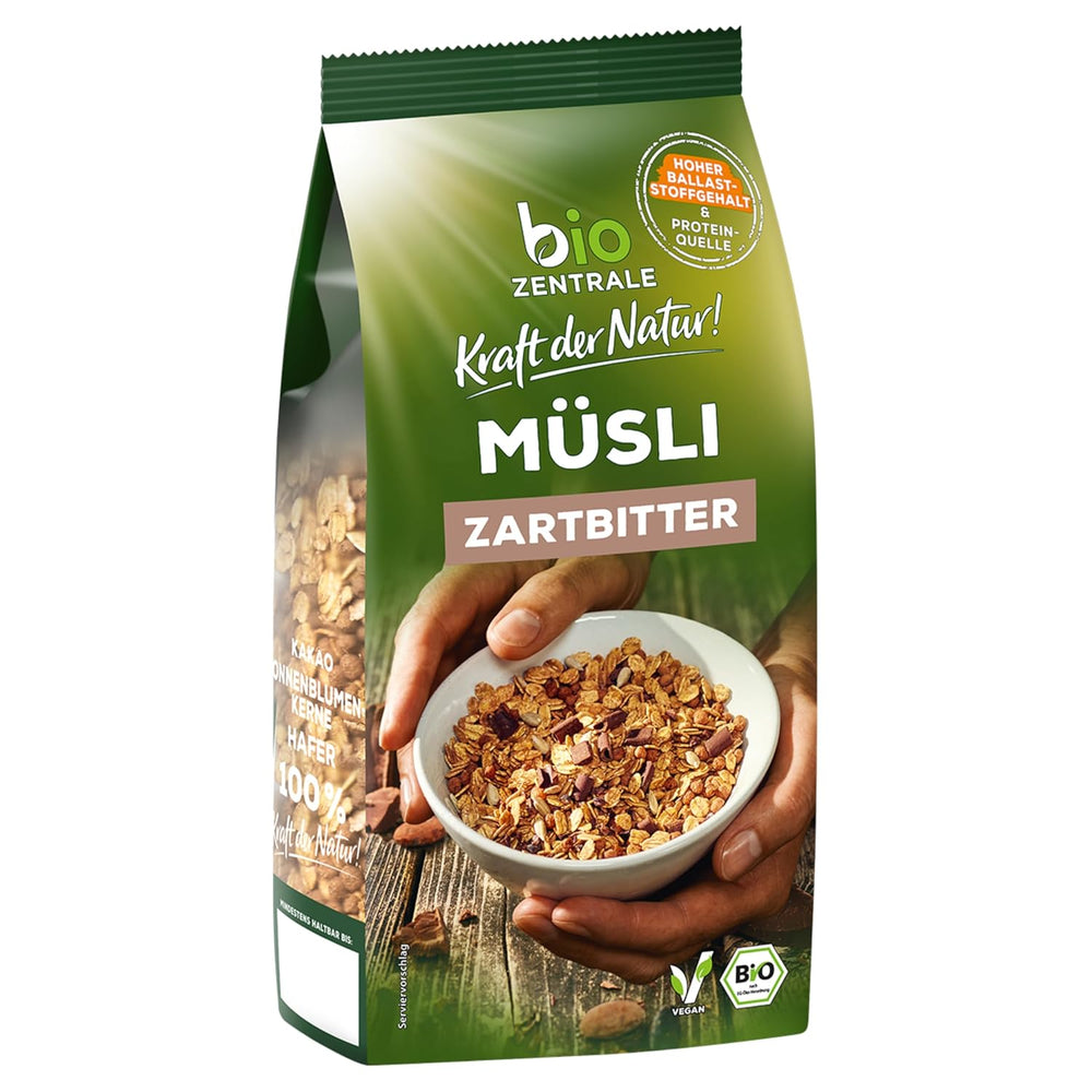 Biozentrale Muesli cu ciocolată neagră | 500g Organic Vegan | Ideal pentru micul dejun și pentru paharul tău de muesli la pachet | Alternativă la batoanele de muesli