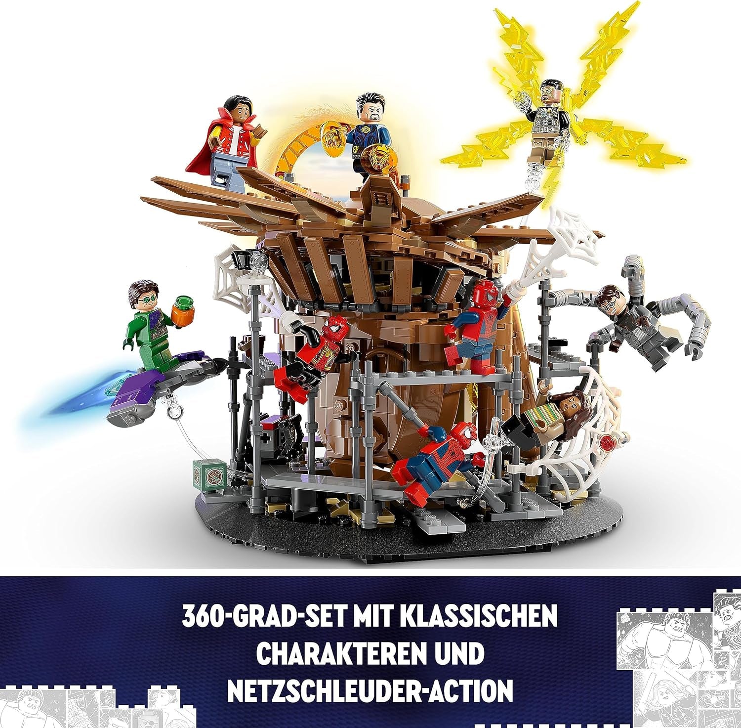 LEGO 76261 Marvel Spider-Man's Big Showdown, Spider-Man: No Way Home set cu 3 minifigurine Peter Parker plus Green Goblin, Electro, Sandman, Ned, Doctor Strange și MJ, model de colecție Seturi de constructie Besuche den LEGO-Store