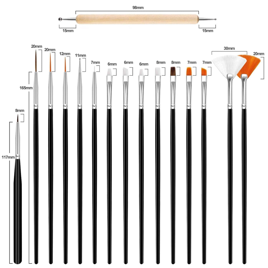 Hanyousheng 20 Stück Nagel Pinsel Set, 15 Stück Nageldesign Pinsel, 5 Stück Nail Art Dotting Tools Für DIY Nail Art Design