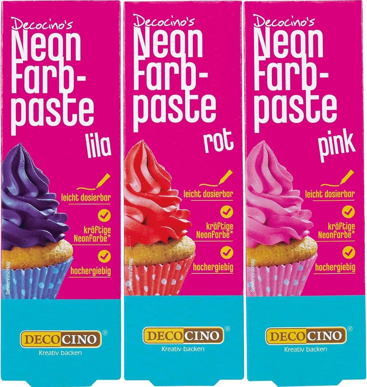 Decocino Neon Food Paste Set - 3 bucăți, colorant alimentar cu doză mare, pentru colorarea prăjiturilor, tartelor, brioșelor, cupcakes, neutru la gust Naty Shop Rosu, Roz, Lila
