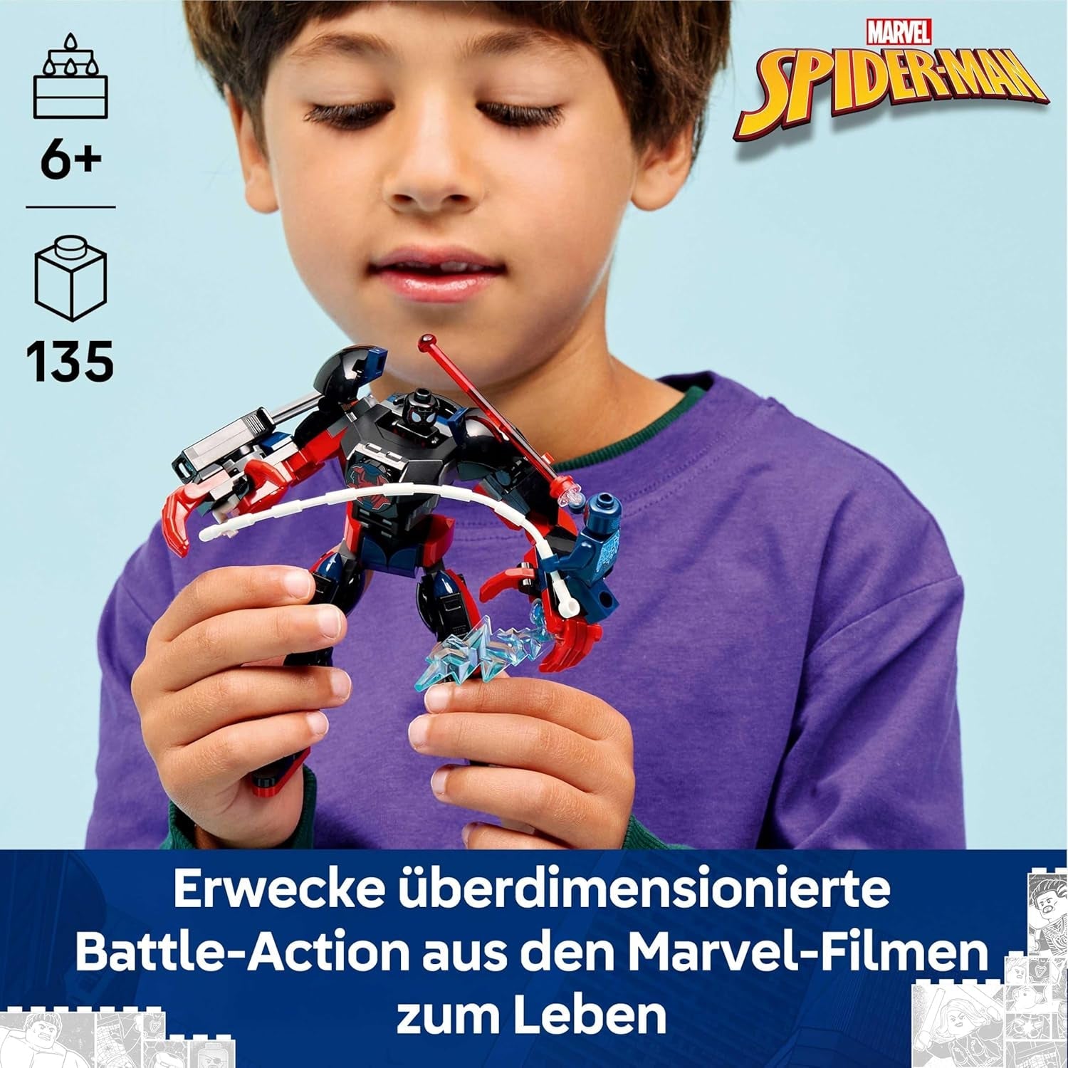 LEGO | Marvel Miles Morales Mech vs. Spider-Man 2099 - Superhelden Spielzeug mit Actionfigur und 2 Minifiguren sowie Razor-Web und Power-Blast-Elementen - Geschenk für Jungen ab 6 Jahren - 76337
