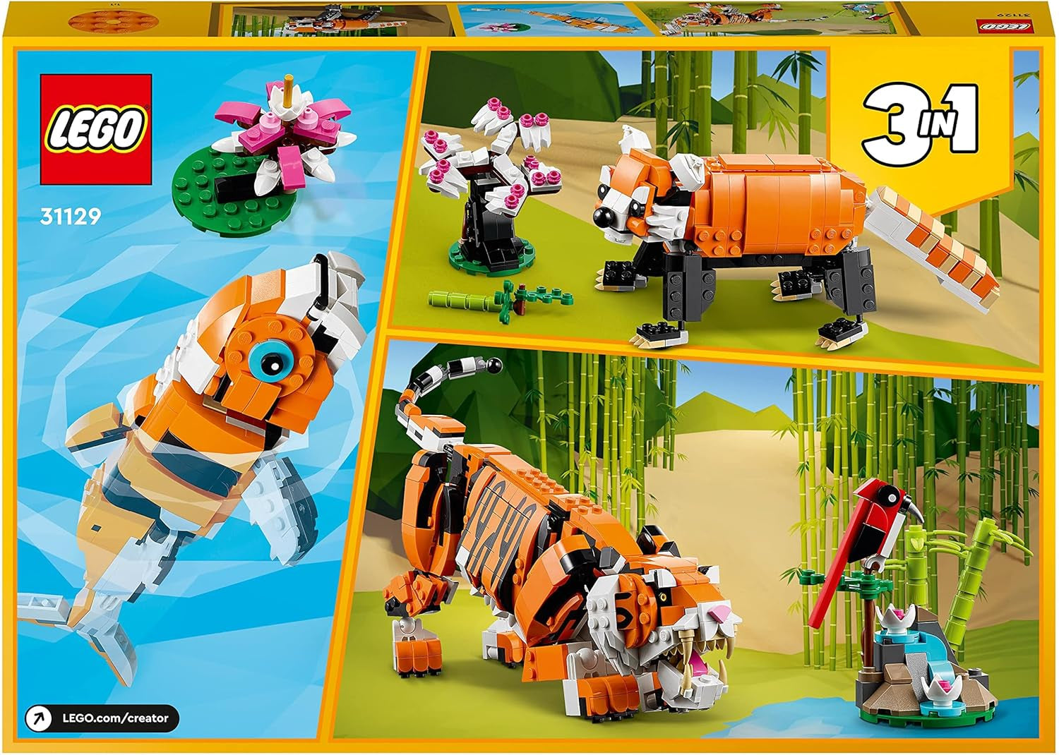 LEGO 31129 Creator Majestic Tiger, Panda sau Pește, set 3 în 1 de figuri de animale, jucărie pentru copii, băieți și fete, jucărie de construcție cu animale Seturi de constructie Besuche den LEGO-Store