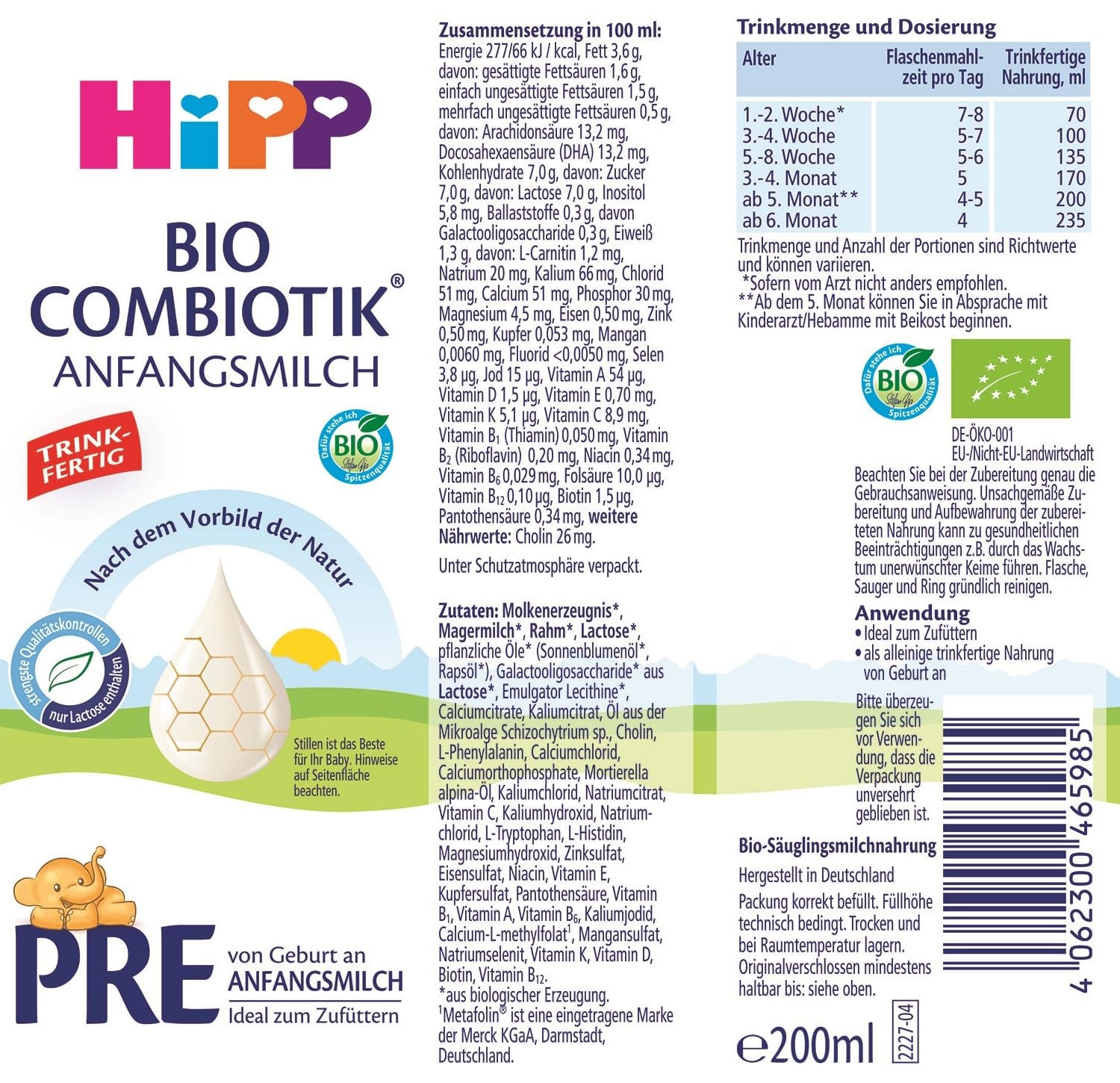 Formulă combiotică organică HiPP PRE, gata de băut (6 x 200 ml), lapte pentru sugari de la naștere, conține doar lactoză ca și carbohidrat, de cea mai bună calitate organică