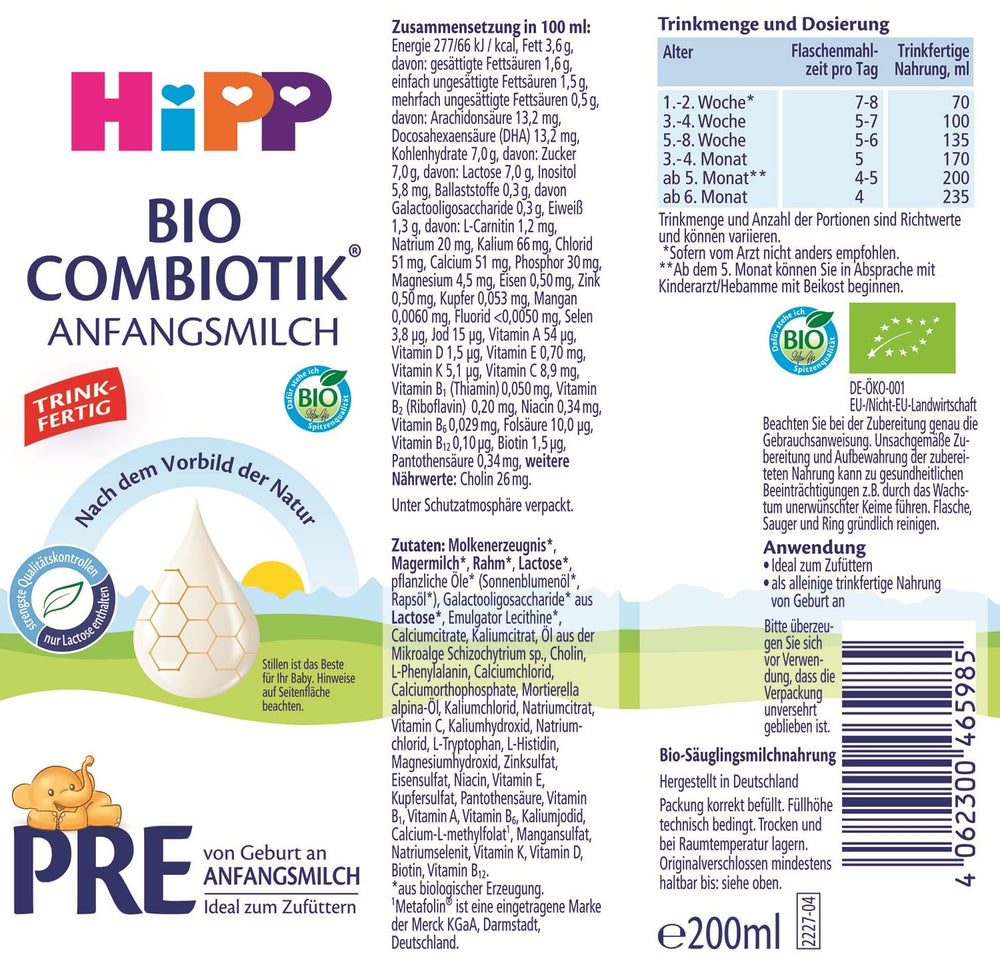 Formulă combiotică organică HiPP PRE, gata de băut (6 x 200 ml), lapte pentru sugari de la naștere, conține doar lactoză ca și carbohidrat, de cea mai bună calitate organică