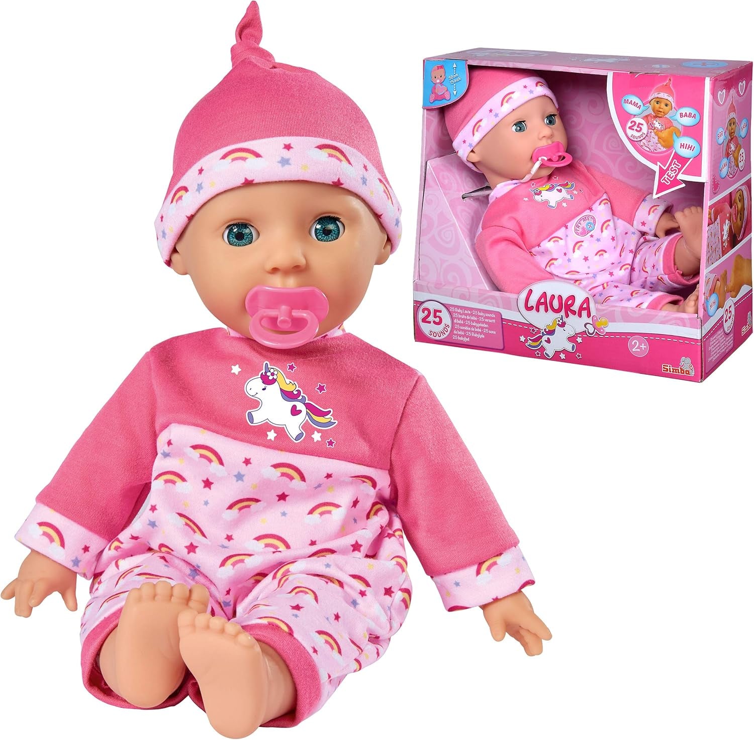 Simba 105140060 - Laura Kitzel Baby, Weichkörperpuppe mit Regenbogenstrampler, macht 25 Babylaute, 38cm, Babypuppe ab 2 Jahre