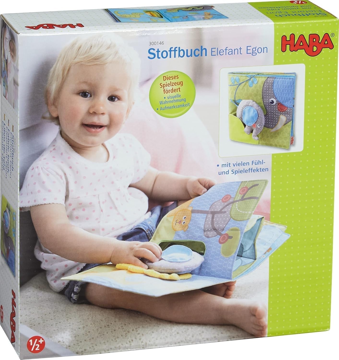 HABA 300146 - Cartea de pluș Elefant Egon, carte moale cu multe efecte tactile și de joc, jucărie pentru copii frumos proiectată de la 6 luni Jucarii Bebe Naty Shop