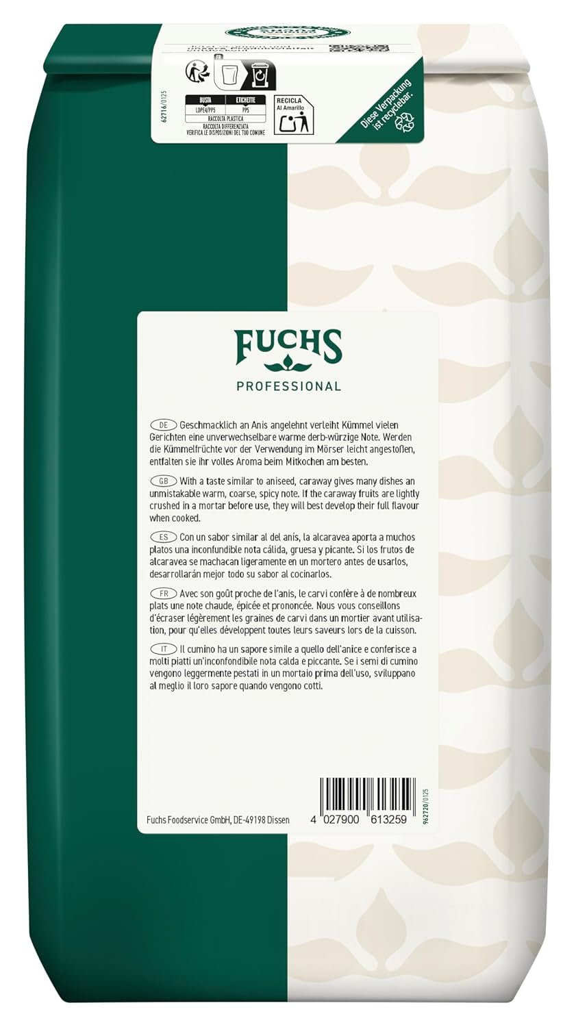 Fuchs Professional - Kümmel ganz | Ungemahlen, zum Würzen von Bratkartoffeln oder Krautgerichten | Profi-Qualität für Großverbraucher und Gastronomie | 1 kg im recyclebaren Beutel