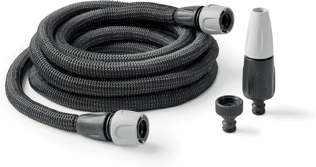GF SRL, Aquapop Grey Easy 10, furtun împletit autoextensibil de 10 metri, fabricat în Italia, cu mini pulverizator de grădină și conectori pentru irigarea grădinii, gri închis