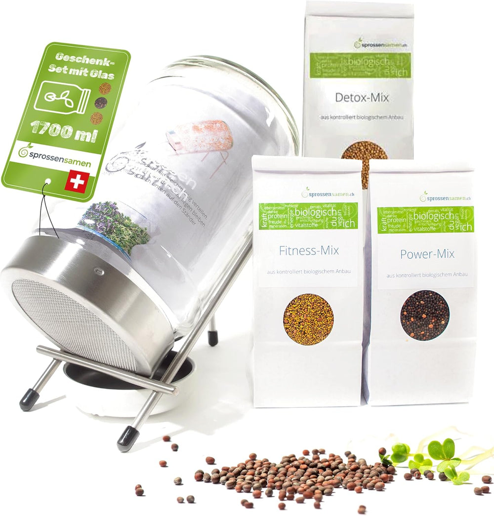 Set borcan pentru germinare 3100 ml cu set cadou - Mix Fitness Organic, Mix Power și Mix Detox, 75 g fiecare - Borcan pentru germinare - incl. capac borcan, suport și sită
