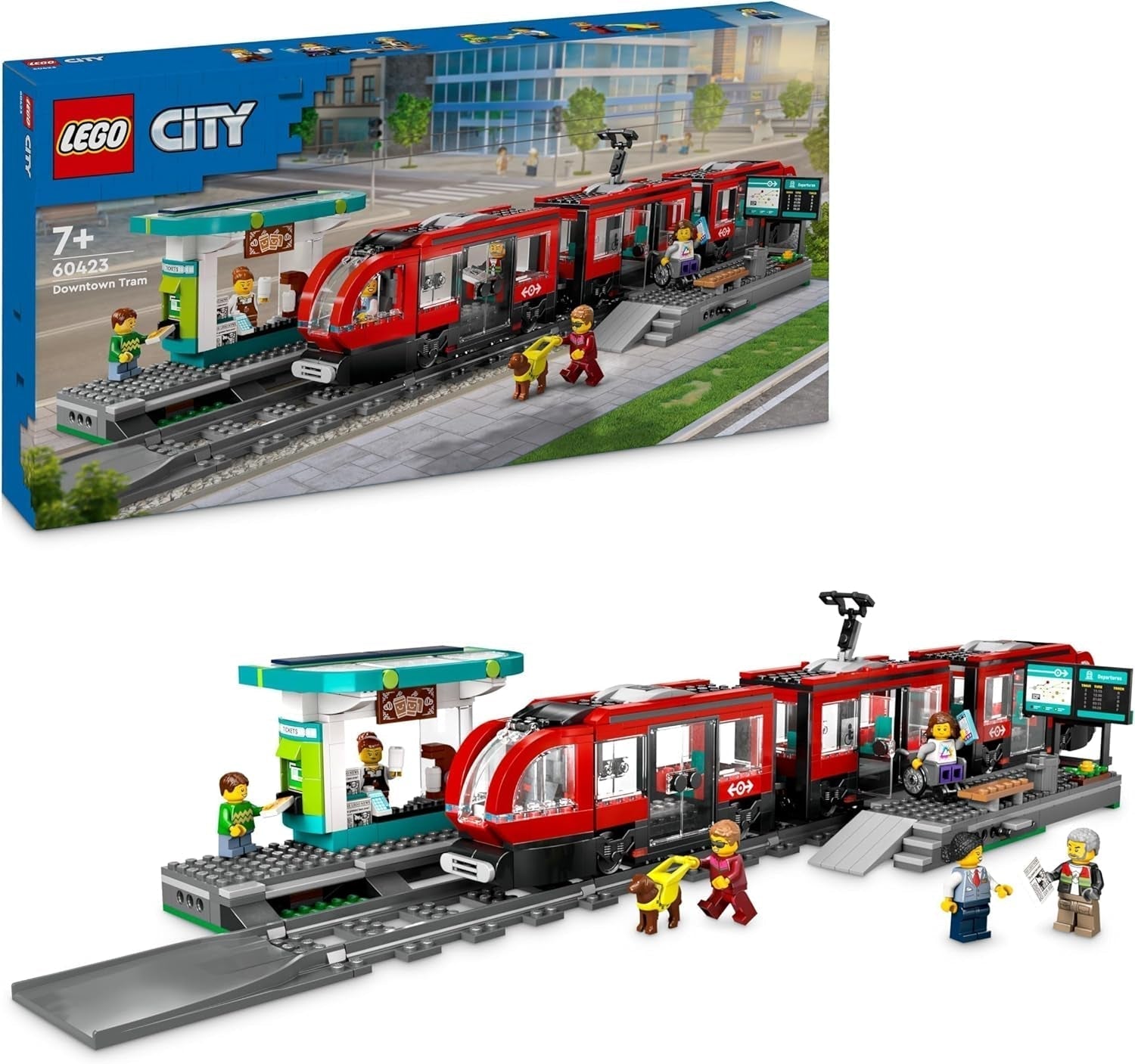 Tramvai LEGO City cu stație, idee de cadou pentru fanii jucăriilor cu vehicule de la 7 ani, cu 6 minifigurine și un câine ghid pentru jocuri de rol, jucărie de construcție 60423 Seturi de constructie Besuche den LEGO-Store Titlu implicit