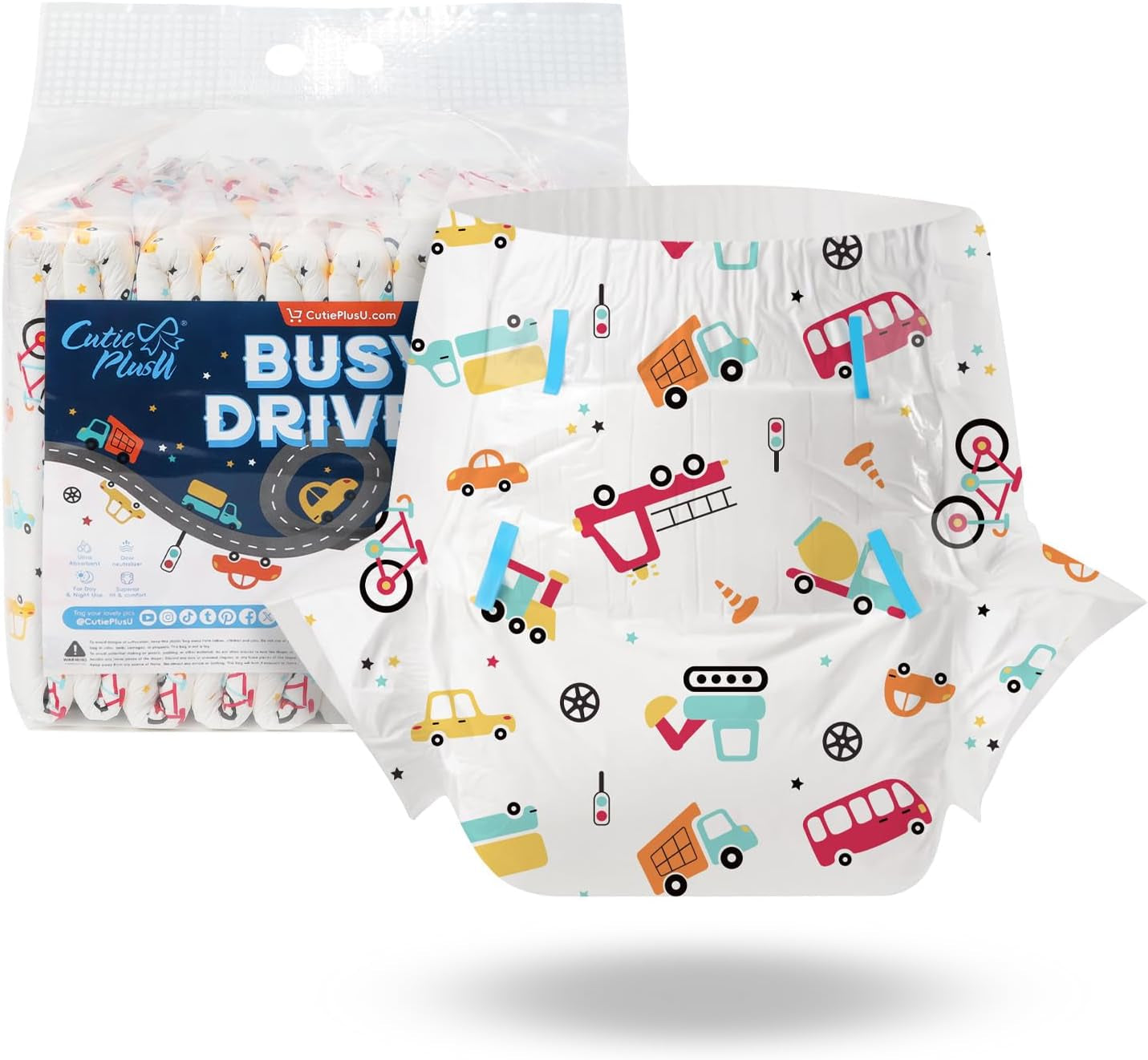 Scutece pentru adulți CutiePlusU, 10 bucăți, scutece de unică folosință cu tablă pentru femei și bărbați, absorbție maximă peste noapte - I Love Summer (Mărime medie 71-96 cm)