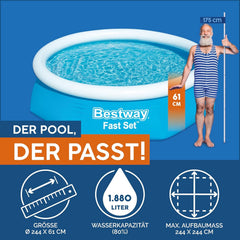 Set piscină supraterană Bestway Fast Set cu pompă de filtrare Ø 244 x 61 cm, albastră, rotundă