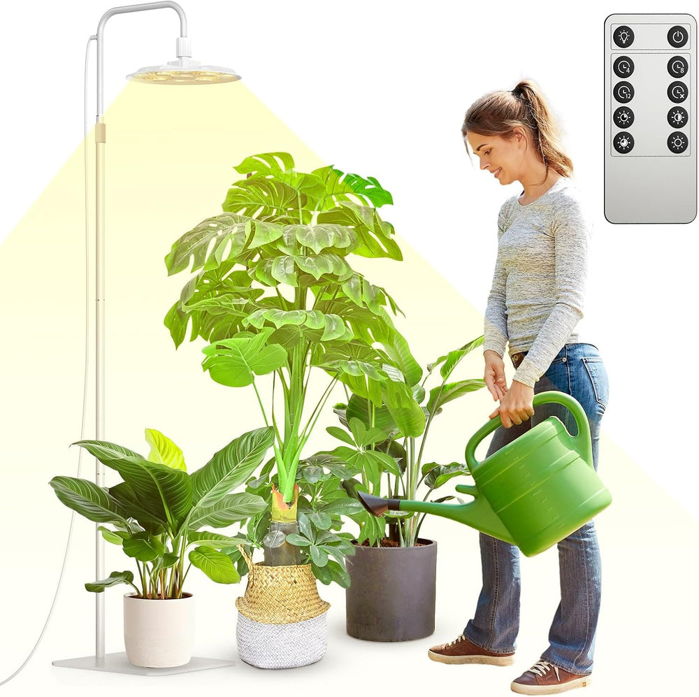 Lampă LED SANSI pentru plante cu spectru complet, 125W, cu lumină reglabilă, cu telecomandă pentru creșterea plantelor, înălțime reglabilă 120-180cm, temporizator 4/8/12 ore, 4 niveluri de luminozitate