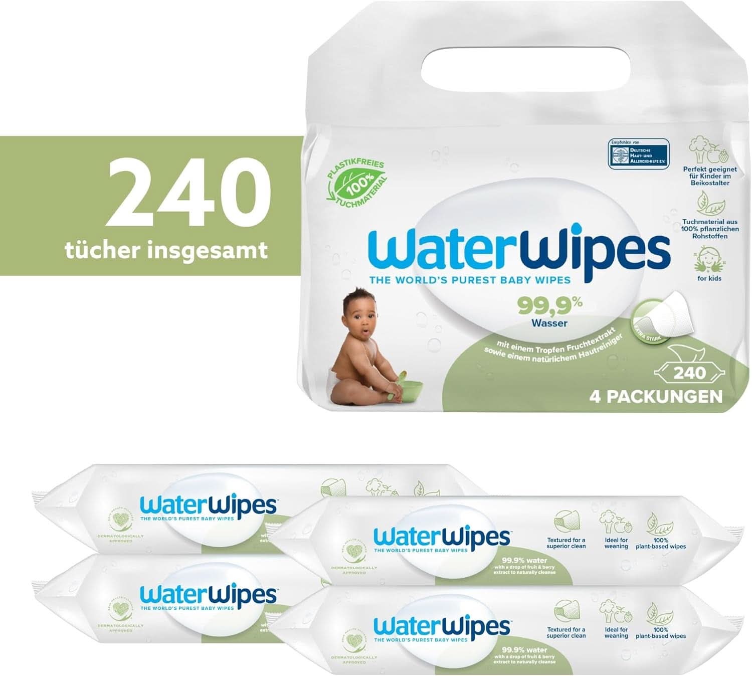Waterwipes Plastikfreie, Texturierte Reinigungstücher Für Kleinkinder & Babys, 240 Stück (4 Packungen), 99,9 % Wasserbasierte Reinigungstücher, Unparfümiert Für Empfindliche Haut Naty Shop
