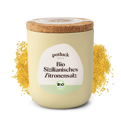 Potluck | Bio Sizilianisches Zitronensalz | Gewürzsalz für Fisch, Meeresfrüchte, Gemüse, Salate und Dressings | 140g im Keramiktopf