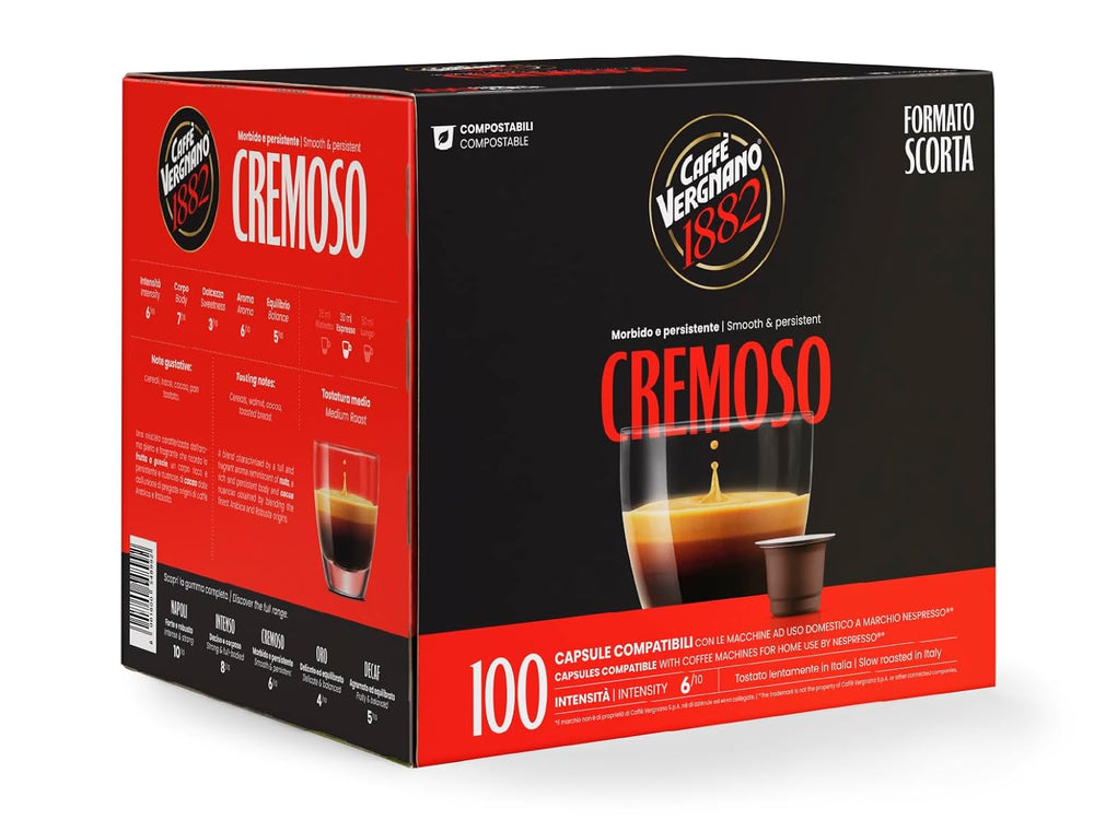 Caffè Vergnano 1882 - Èspresso Kompostierbare Kaffeekapseln, Kompatibel Mit Nespresso, Cremoso (Cremig) - Packung Enthält 100 Kapseln