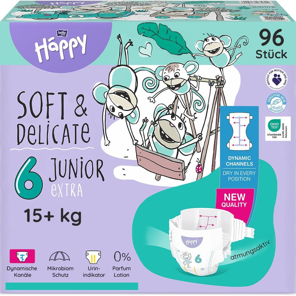 Scutece Bella Baby Happy Premium, mărimea 6, Junior Extra, 15+ kg, 96 de bucăți, sigiliu DERMATEST și OEKO-TEX, scutece de unică folosință pentru bebeluși