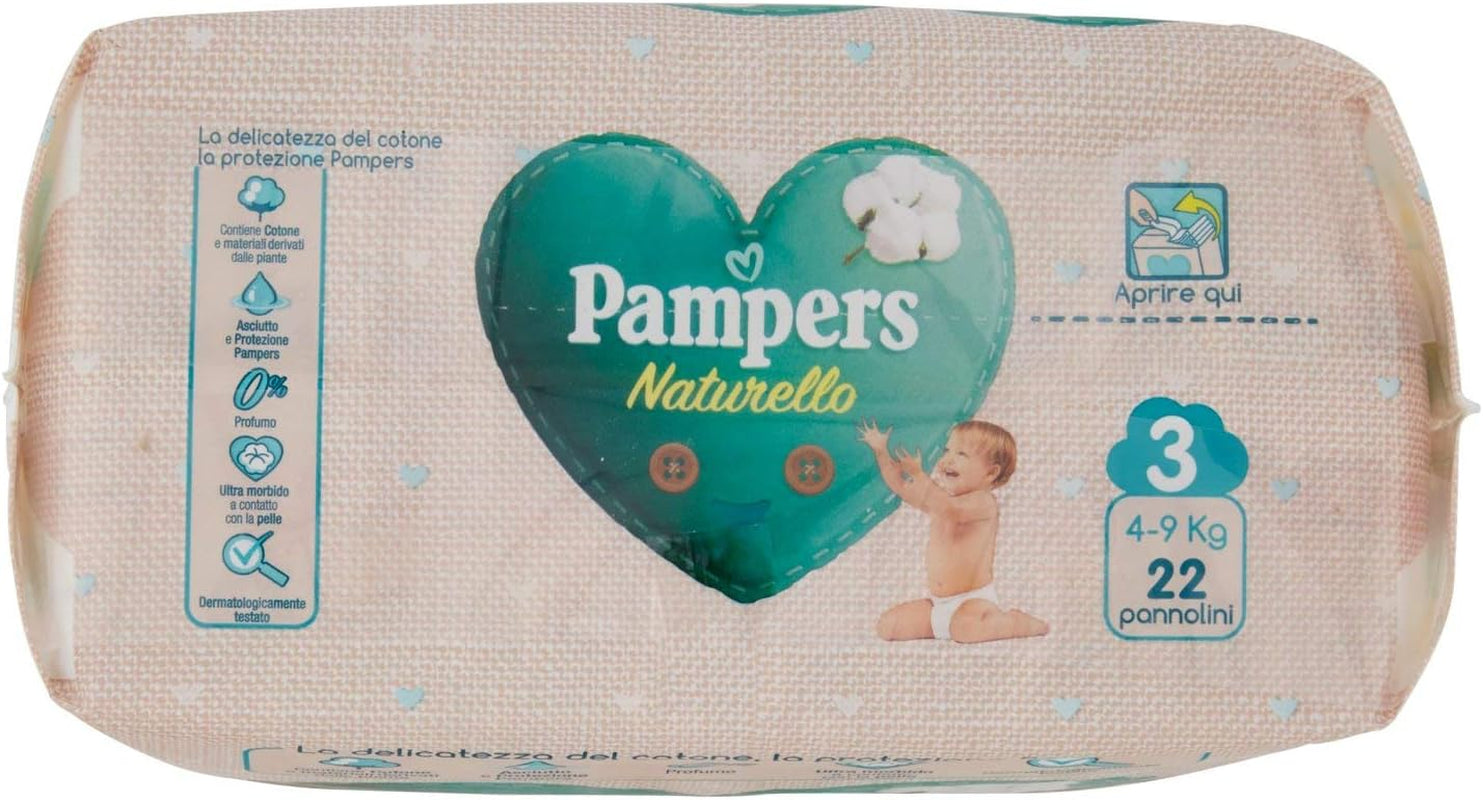 Pampers Naturello Midi, 22 scutece, mărimea 3 (4-9 kg)