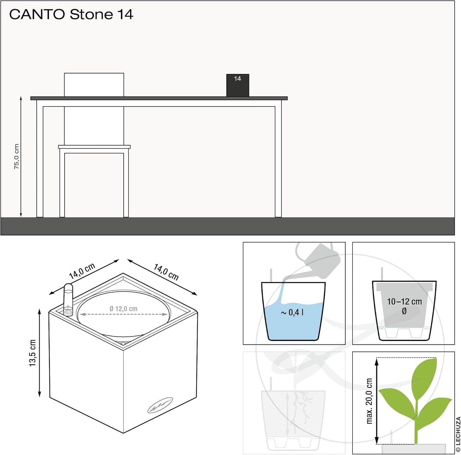 Cub de plante aromatice de înaltă calitate LECHUZA CANTO Stone 14 cu sistem de udare cu bețișor, gri piatră