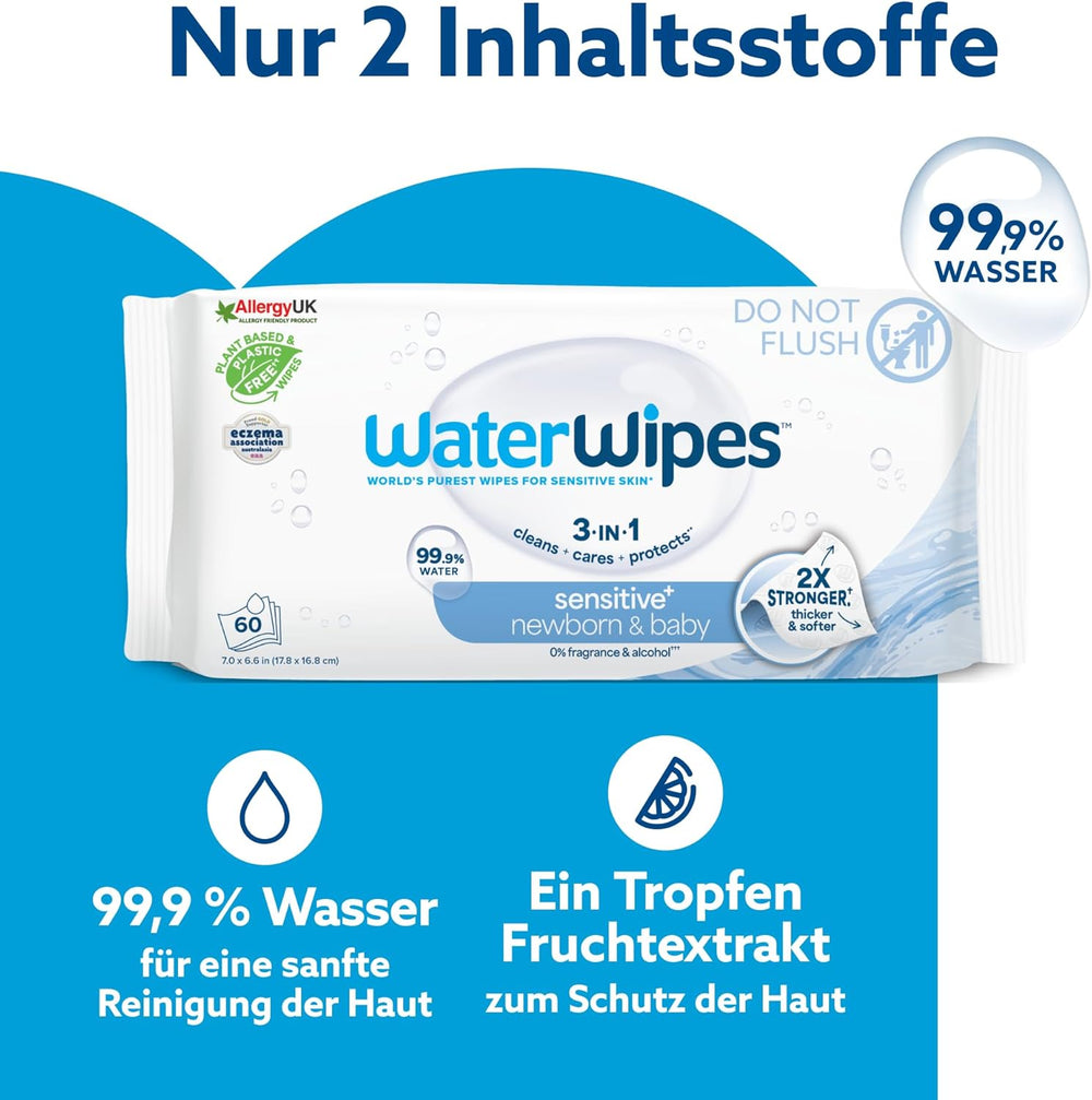Șervețele umede WaterWipes Sensitive+ pentru nou-născuți și bebeluși, 240 bucăți (4 pachete), curățare, îngrijire, protecție 3 în 1, 99,9% apă, fără parfum