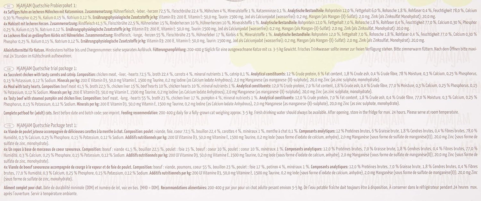MjAMjAM - Hrană umedă premium pentru pisici - Pachet mixt I - Pui, Vită, Inimi, pachet de 12 (12 x 125 g), fără cereale cu carne suplimentară