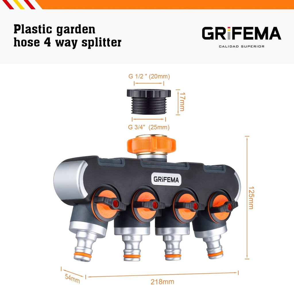 Distribuitor GRIFEMA cu 4 căi, racord de apă de 3/4 inch și 1/2 inch, 4 dispozitive pot fi conectate simultan, debit de apă reglabil, portocaliu/negru