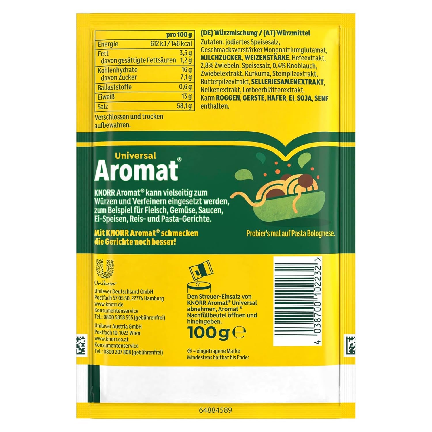 Knorr Würzmittel Nachfüllpackung Aromat Gewürzmischung zum Verfeinern von Speisen für schnelle Gerichte 100 g 1 Stück