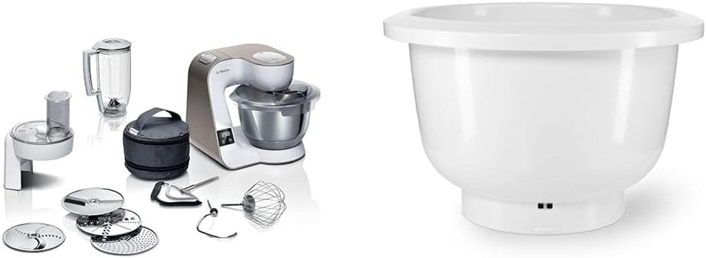 Robot de bucătărie Bosch Seria 4 MUM5X720, cântar integrat, bol din oțel inoxidabil 3.9L, mixer 1.25L, 1000W Accesorii Hrana si Alaptare Bebe Naty Shop Pachet cu vas de amestecare Alb Sampanie 2 accesorii