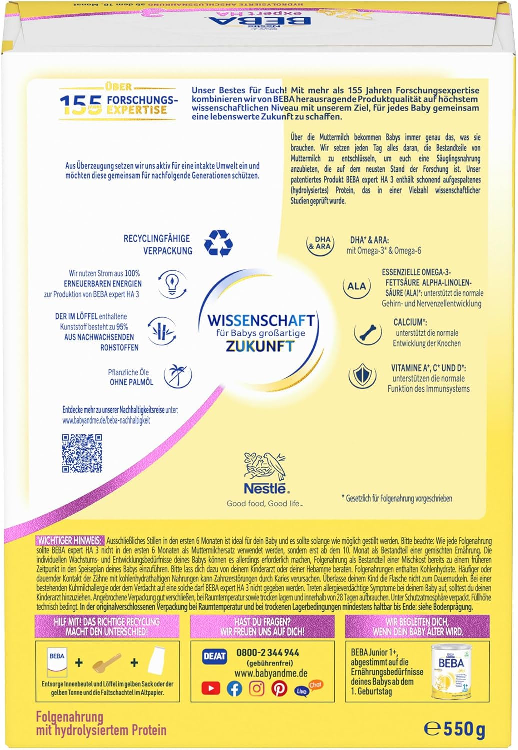 BEBA expert HA 3 Formulă de continuare hidrolizată, de la 10 luni, 1 pachet (1 x 550 g)