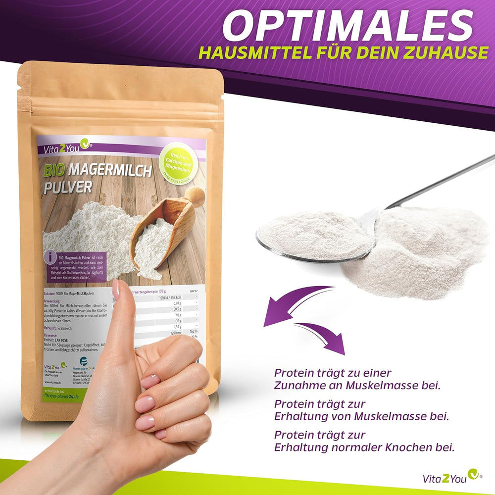 Vita2You Bio Magermilchpulver 1000g - 100% Bio Qualität - zum Backen - Kaffeeweißer - Milchpulver für Joghurts - 1kg - Premium Qualität