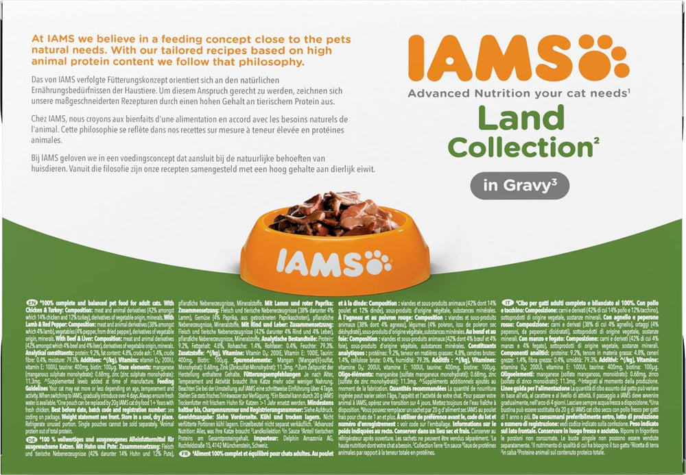 IAMS Delights Land Collection Hrană umedă pentru pisici - Pachet multiplu cu varietăți de carne (miel, vită, pui și curcan) în sos, hrană umedă pentru pisici de la 1 an, 12 x 85g