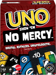 Mattel UNO Show 'em No Mercy - 56 de cărți suplimentare, cărți de acțiune dificile și reguli de joc brutale pentru cea mai nemiloasă versiune, regulă de stivă și schimb de cărți de mână, vârste 7+, HWV18