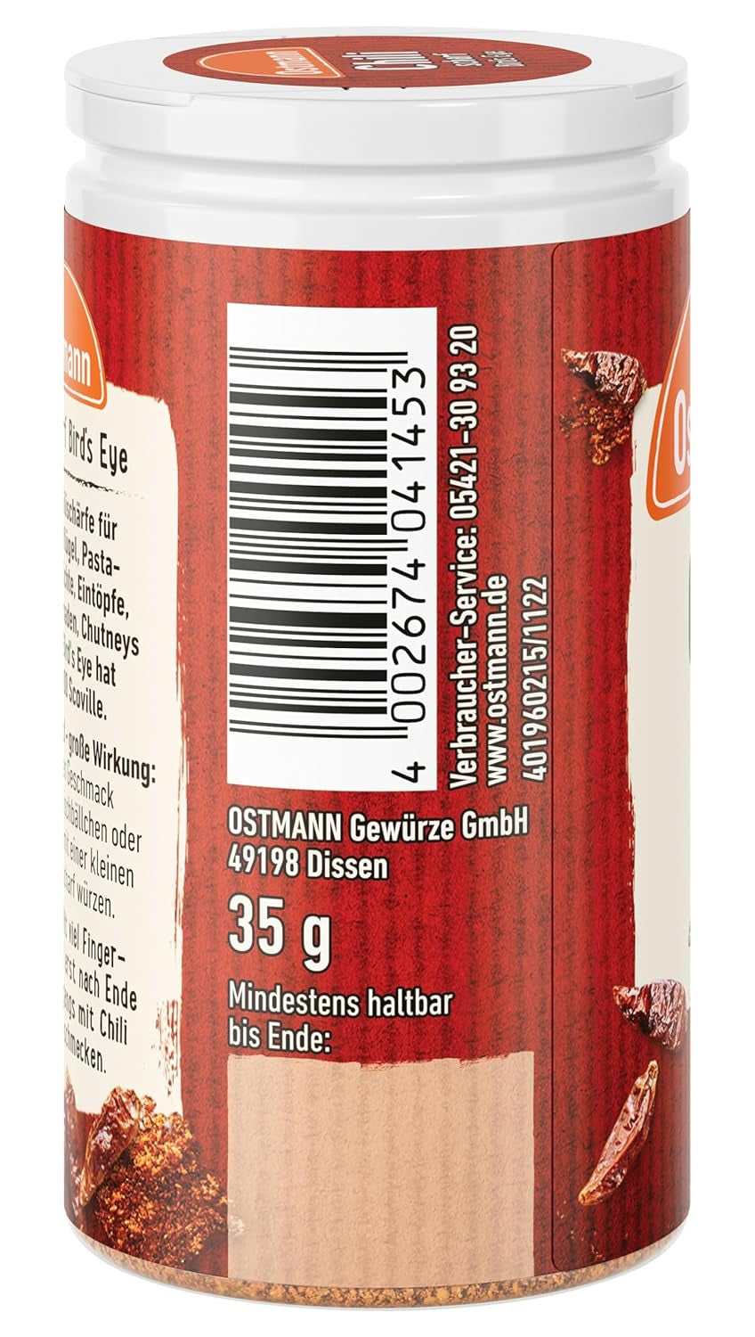 Ostmann Gewürze - Chili scharf Bird´s Eye | Feurige Schärfe für Fleischgerichte und Eintöpfe | 35 g in der Streudose